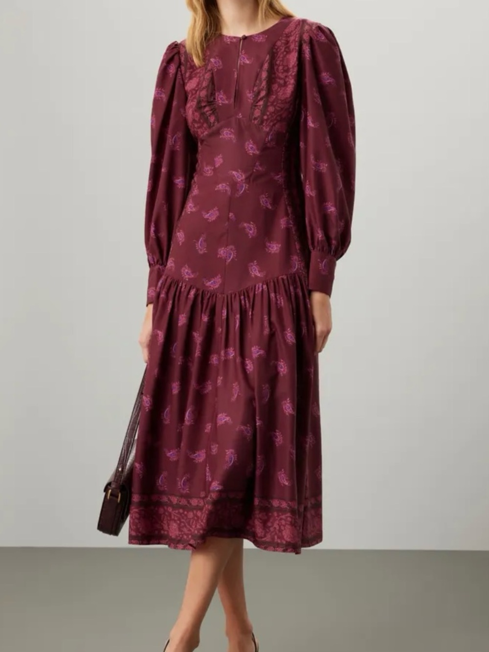 Derek Lam Burgundy Long-Sleeve Paisley Midi Dress New Without Tags